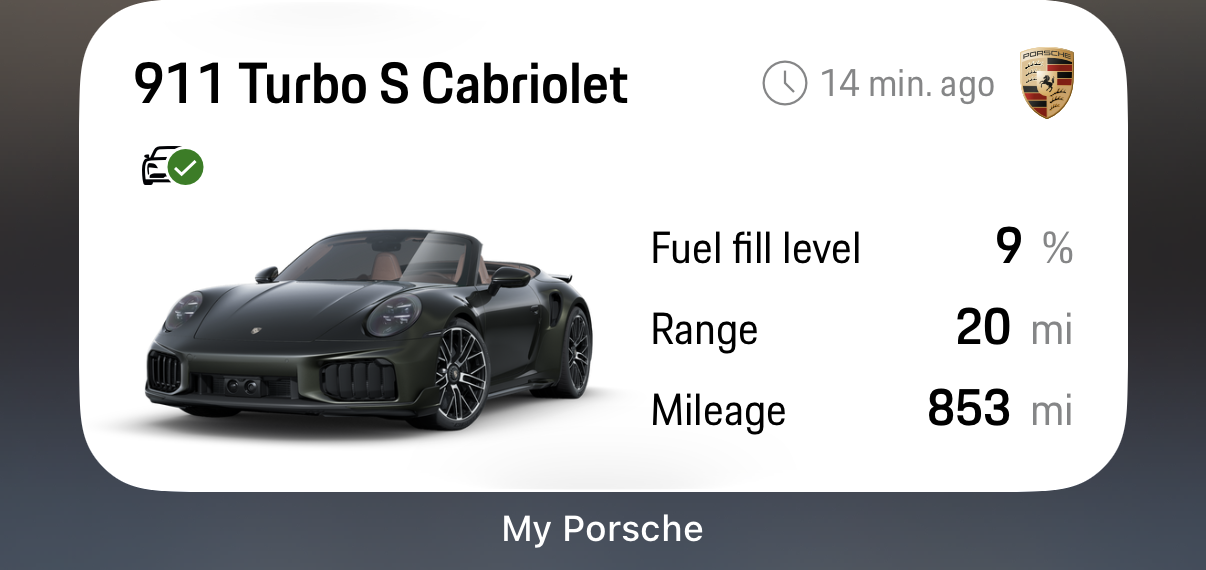 My Porsche screenshot showing 853 indicated miles