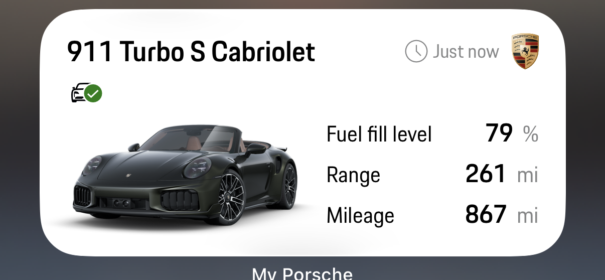 My Porsche screenshot showing 867 indicated miles