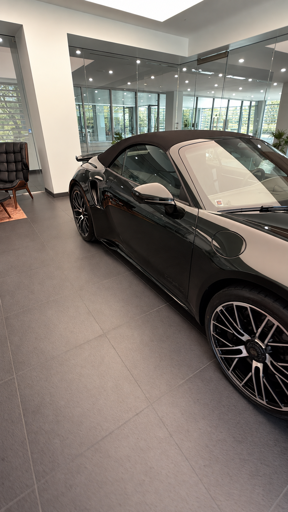 Passenger-side view in the Porsche showroom